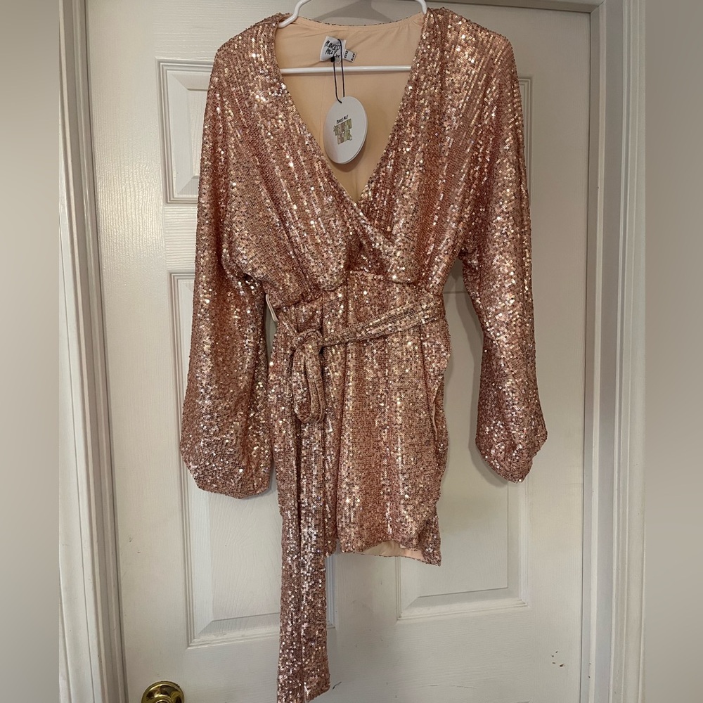 Princess Polly long sleeve champagne mini sequin party dress. Size US 6